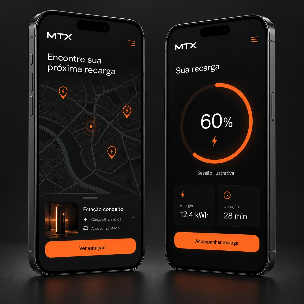 Conceito de aplicativo MTX com mapa de estações e acompanhamento de uma recarga, com dados ilustrativos