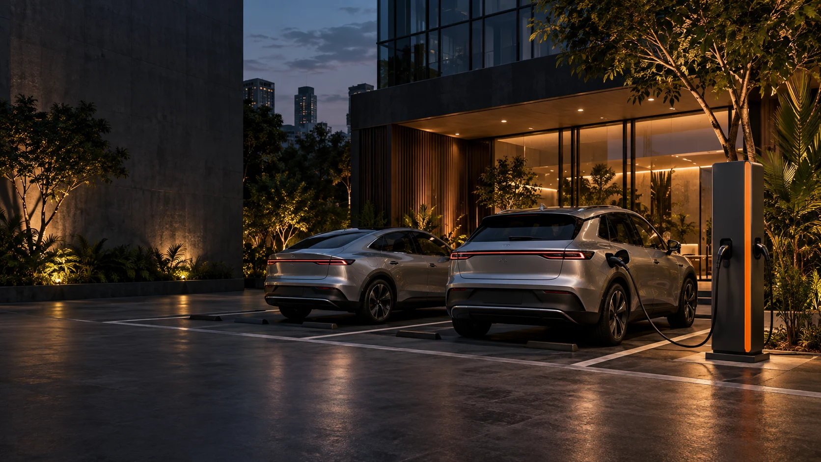 Cena ilustrativa de carros elétricos em recarga em um estabelecimento comercial